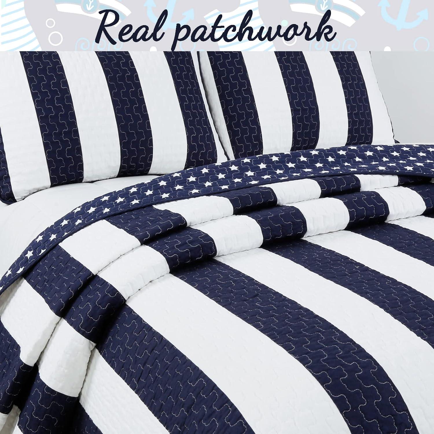 Navy Blue and White Striped Microfiber King Quilt Set