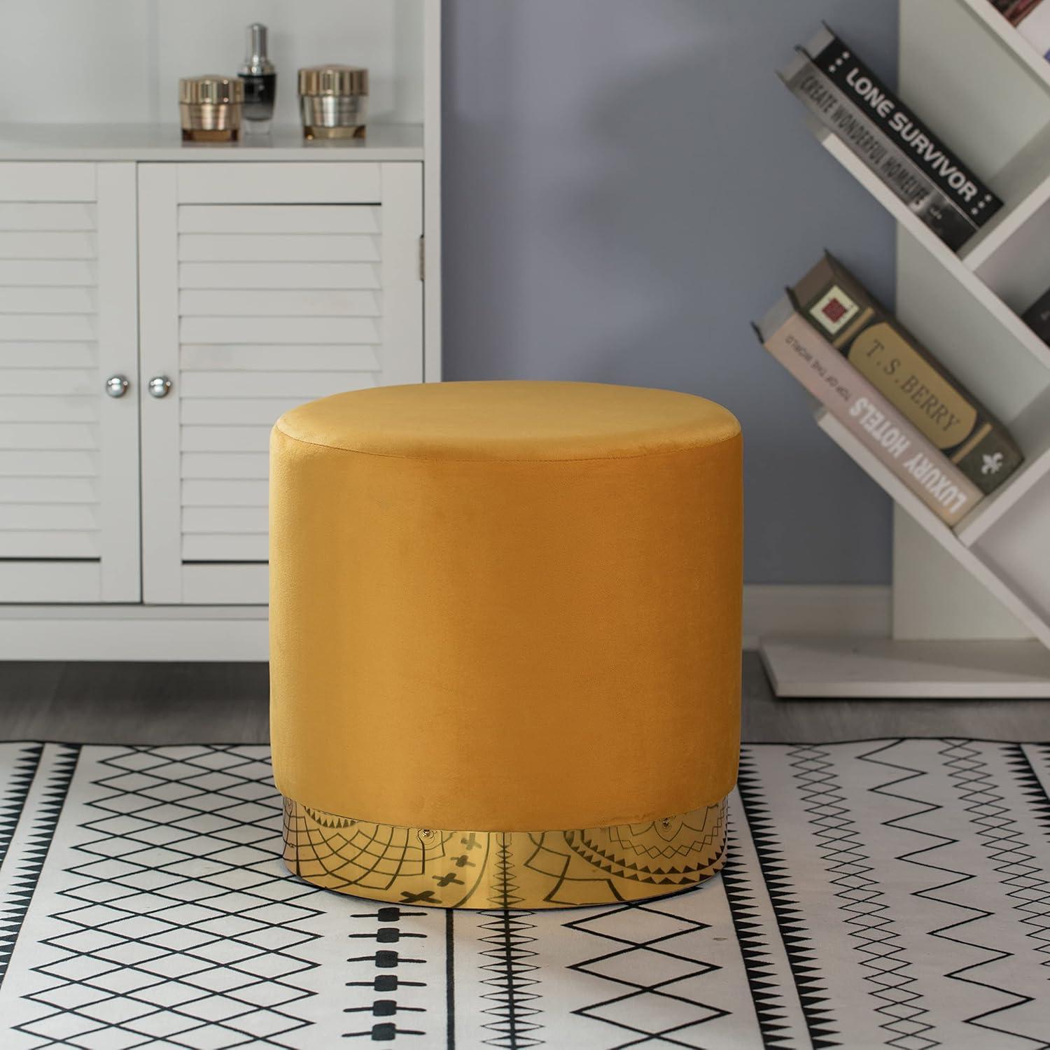 Fabulaxe Modern Round Velvet Fabric Standard Ottoman Stool with Gold Base