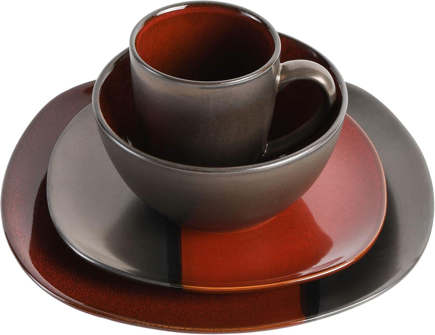 Gibson Elite Volterra 16 Piece Soft Square Stoneware Dinnerware Set in Red and Metallic Gray