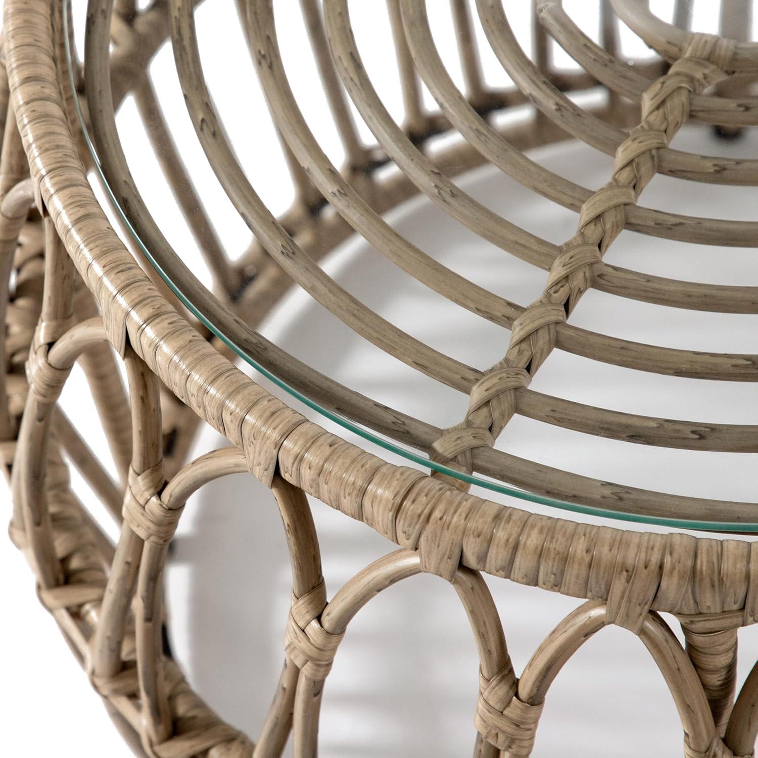 Furniture of America Roja Round Glass Top and Rattan Natural Coffee Table