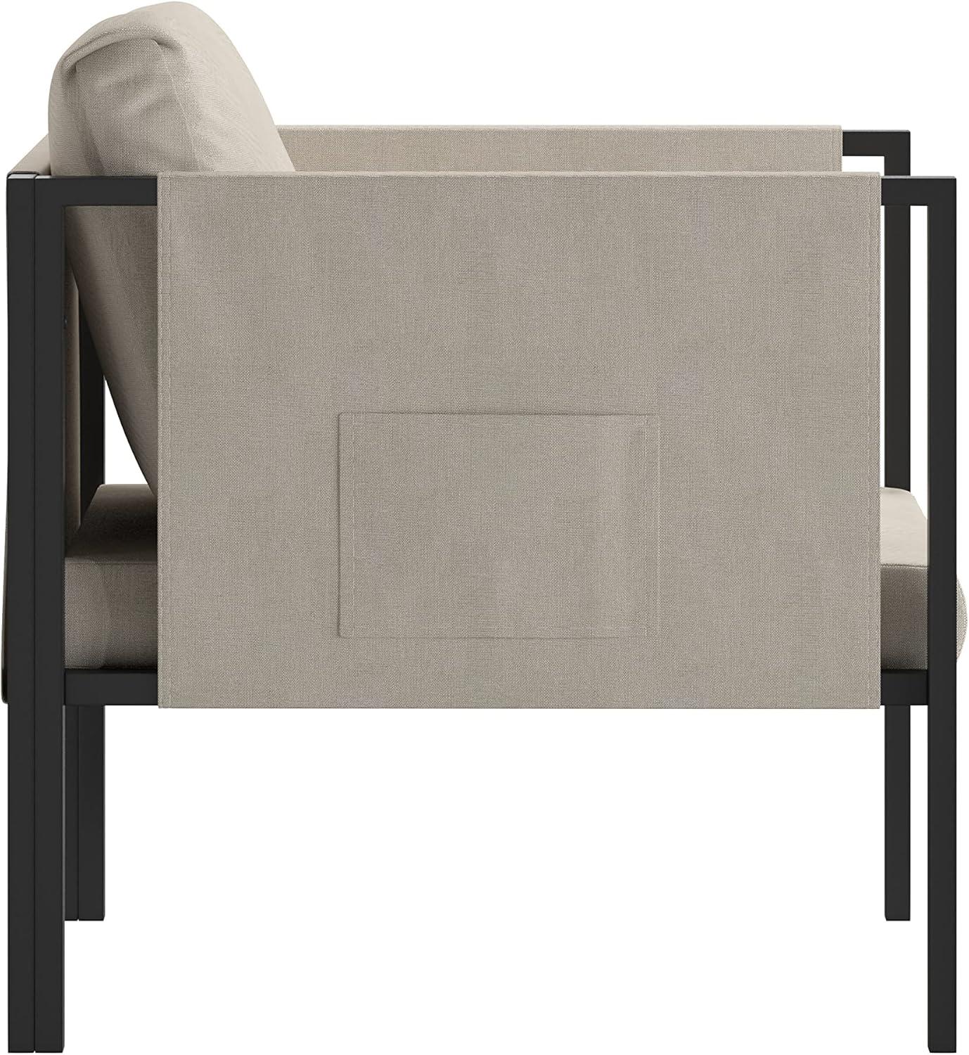 Flash Furniture Lea Indoor/Outdoor Patio Chair with Cushions - Modern Steel Framed Chair with Storage Pockets, Black with Beige Cushions