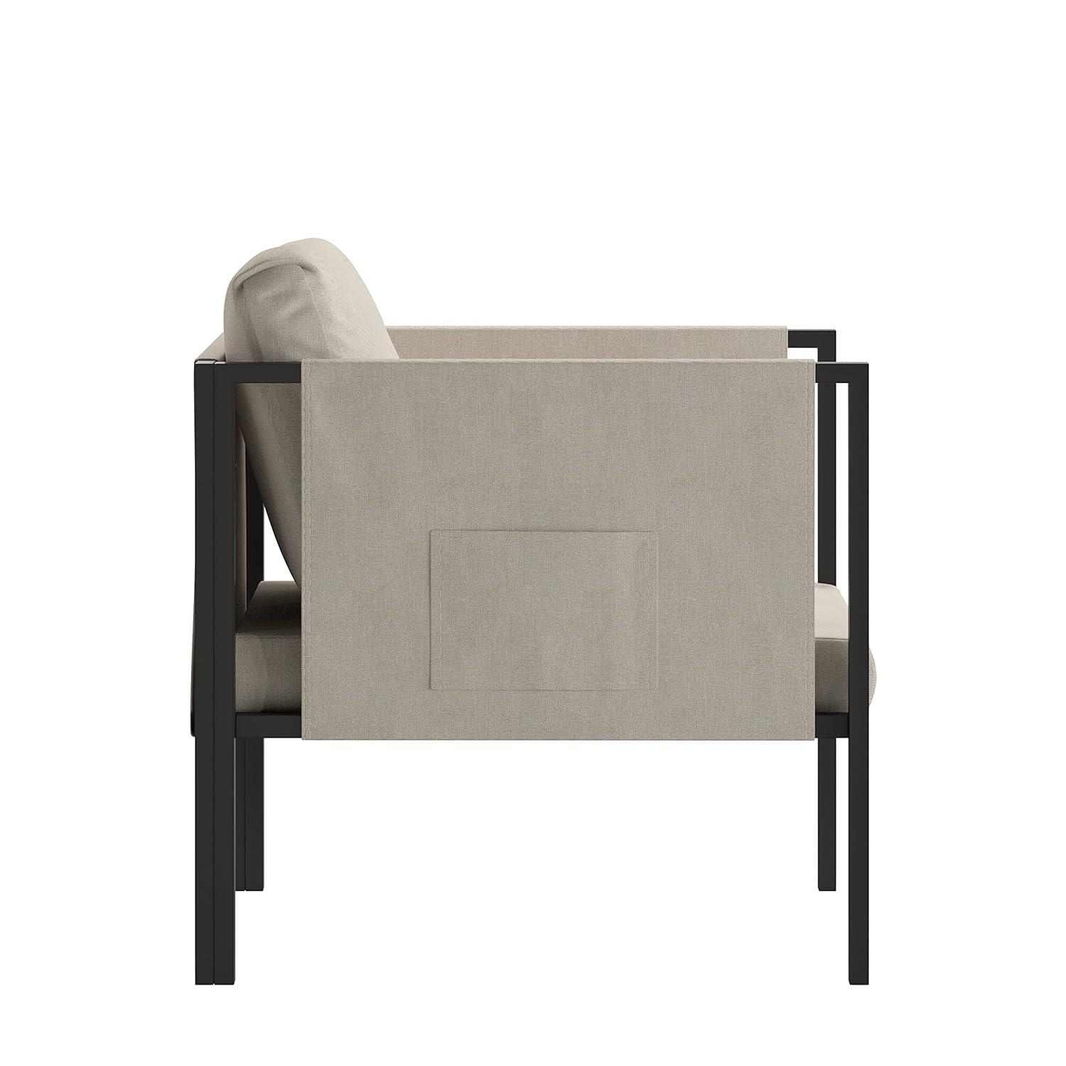 Flash Furniture Lea Indoor/Outdoor Patio Chair with Cushions - Modern Steel Framed Chair with Storage Pockets, Black with Beige Cushions