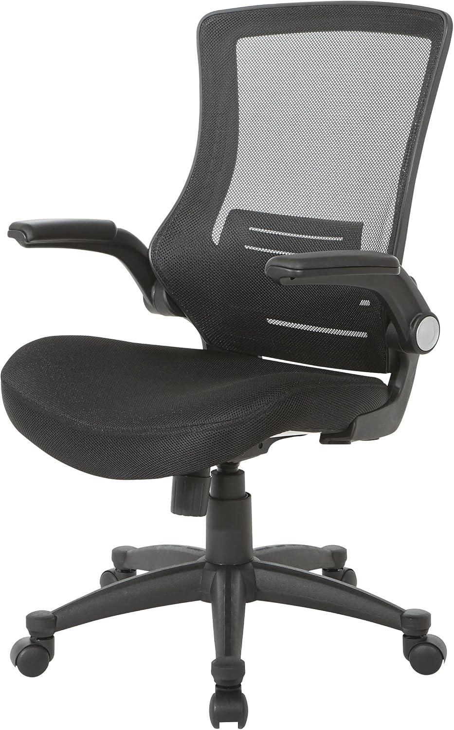 Office Star Products Screen Back Manager's Chair in Black Mesh Seat with PU Padded Flip Arms with Silver Accents