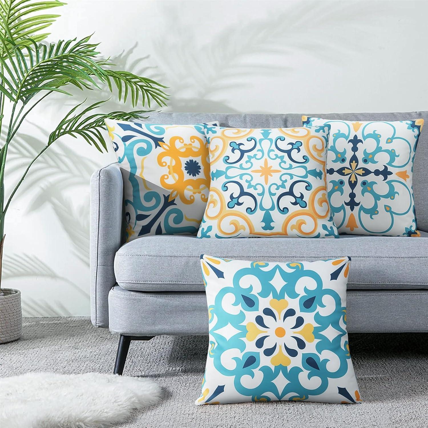 Set of 4 Blue and Yellow Boho Floral Waterproof 18" Square Pillow Covers