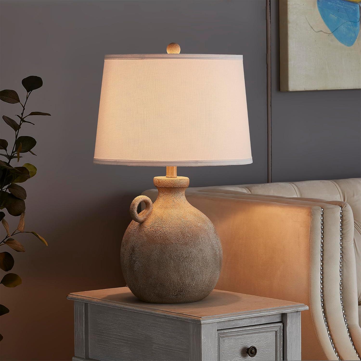 Rustic Beige Resin Table Lamp with White Linen Shade