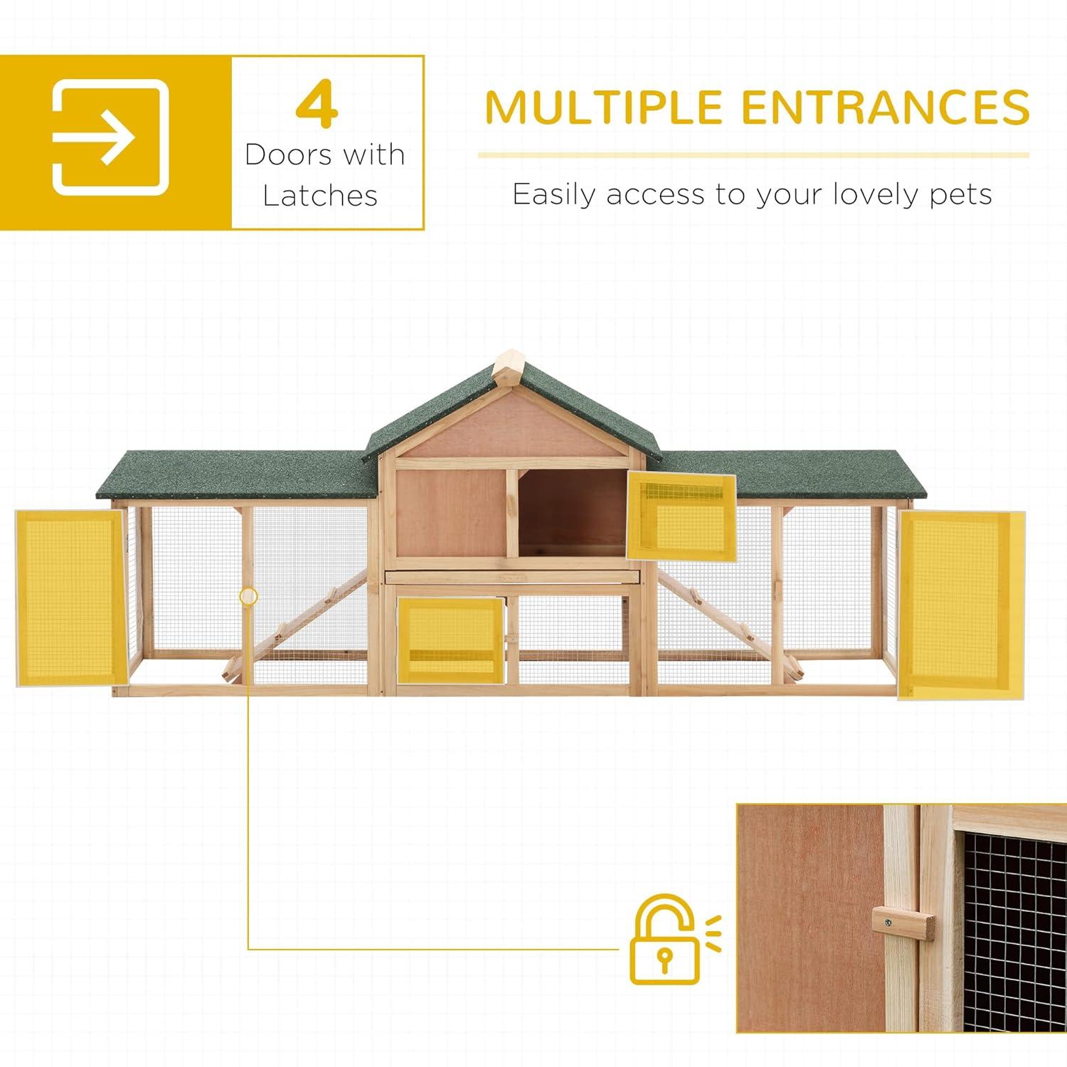 PawHut 83" L Outdoor Rabbit Hutch with Double Runs, Large Guinea Pig Cage Indoor, Wooden Bunny Hutch with Weatherproof Roof, Removable Tray, Ramps, Natural