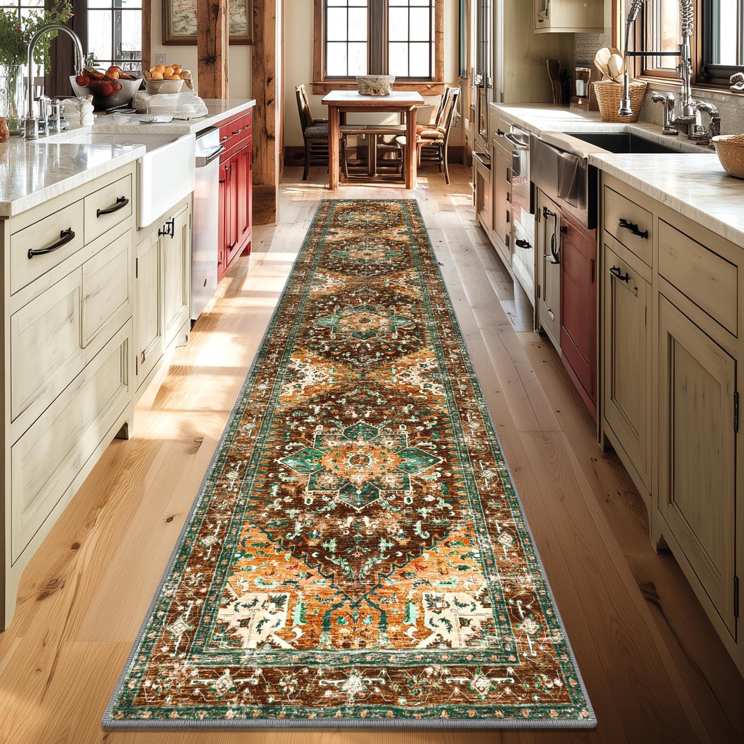 Yamaziot Washable Runner Rug, 2x10 Non-Slip Boho Vintage Hallway Rug Runner with Rubber Backing, Stain Resistant Distressed Carpet Runner for Bedroom, Kitchen, Laundry, Entrance