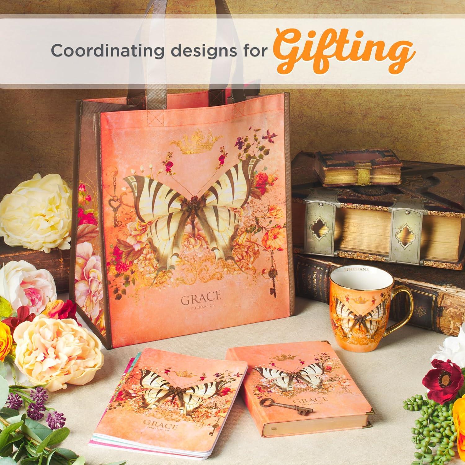 Christian Art Gifts Large Ceramic Butterfly Scripture Coffee & Tea Mug for Women: Grace - Inspirational Bible Verse Novelty Non-toxic Drinkware w/Gold Accents, Orange & White Multicolor Floral, 14 oz.
