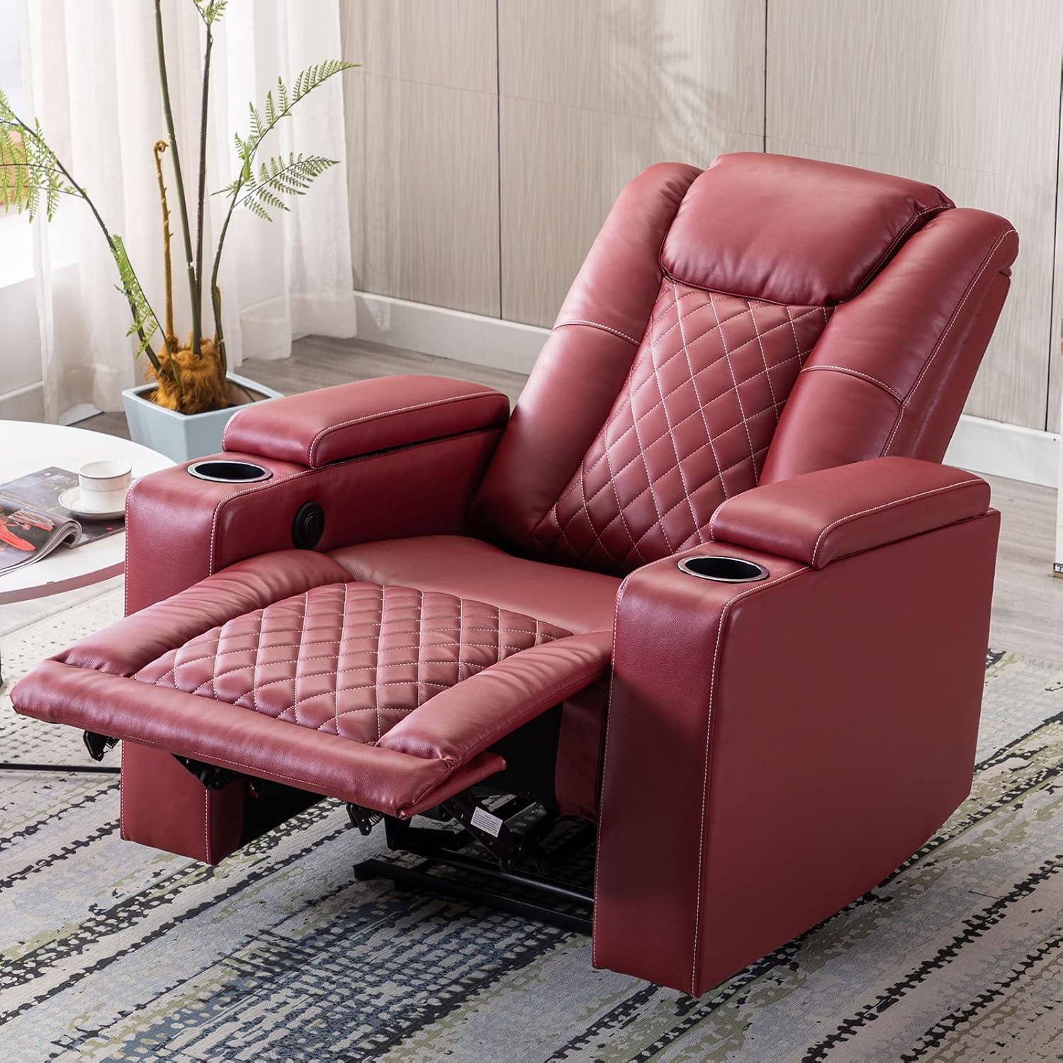 Bonzy Home Electric Power Recliner Chair Soft Air Breathable Leather Reclining for Adults with USB Ports and Cup Holders, Black Home Theater Seating with Hidden Arm Storage Movie & Media Room Chairs