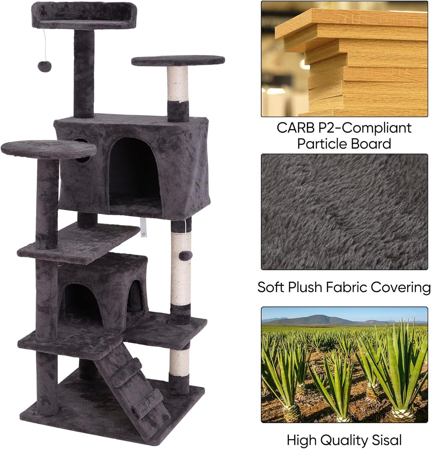 53 Inches Multi-Level Cat Tree Furniture Kitten Activity Play House Bed Pet Kitty Climbing Tower with Scratching Posts/Plush Perch/Scratcher Ladder/Tunnel for Cats,Kittens,Pets (Grey)