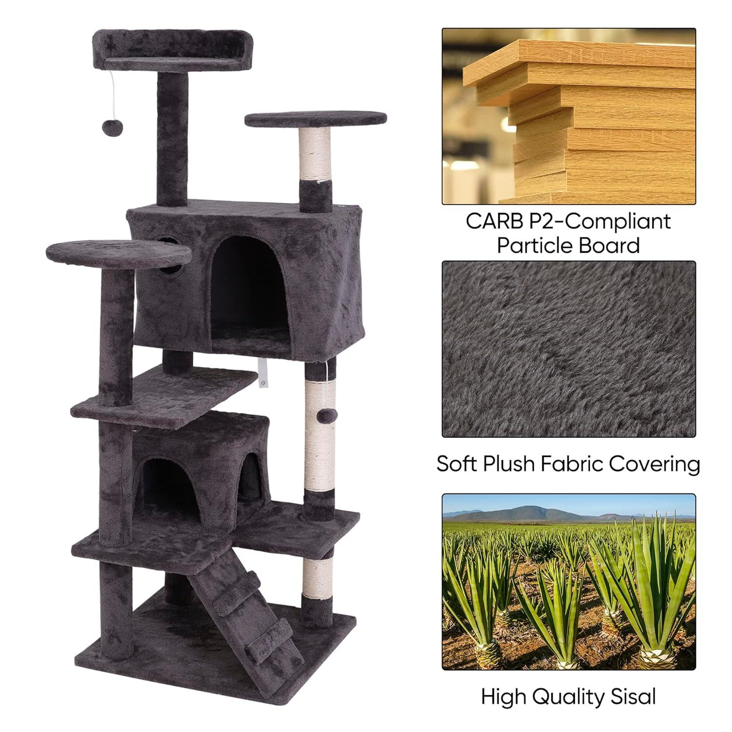 53 Inches Multi-Level Cat Tree Furniture Kitten Activity Play House Bed Pet Kitty Climbing Tower with Scratching Posts/Plush Perch/Scratcher Ladder/Tunnel for Cats,Kittens,Pets (Grey)