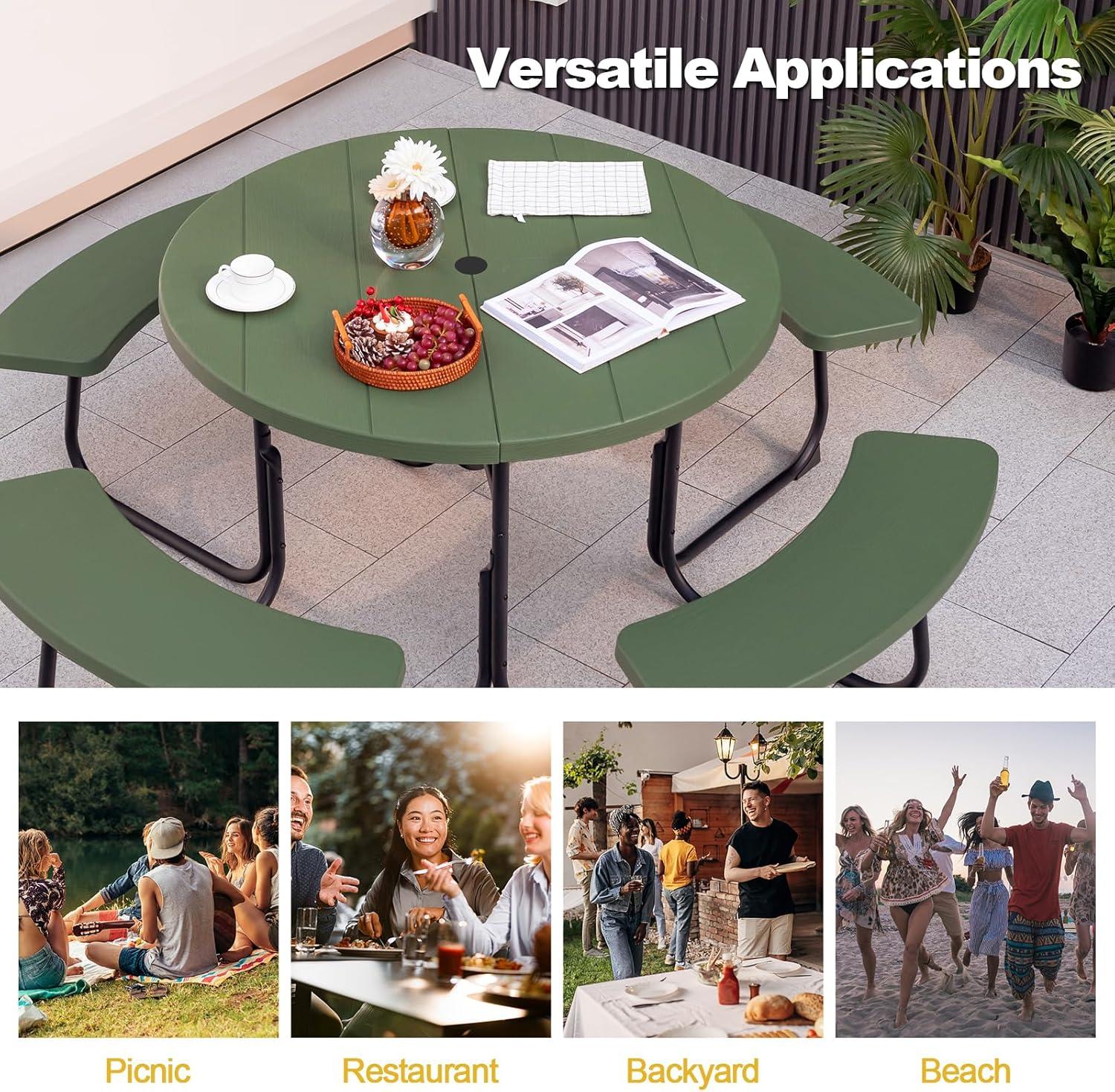 Costway Outdoor 8-person Round Picnic Table Bench Set with 4 Benches & Umbrella Hole Green