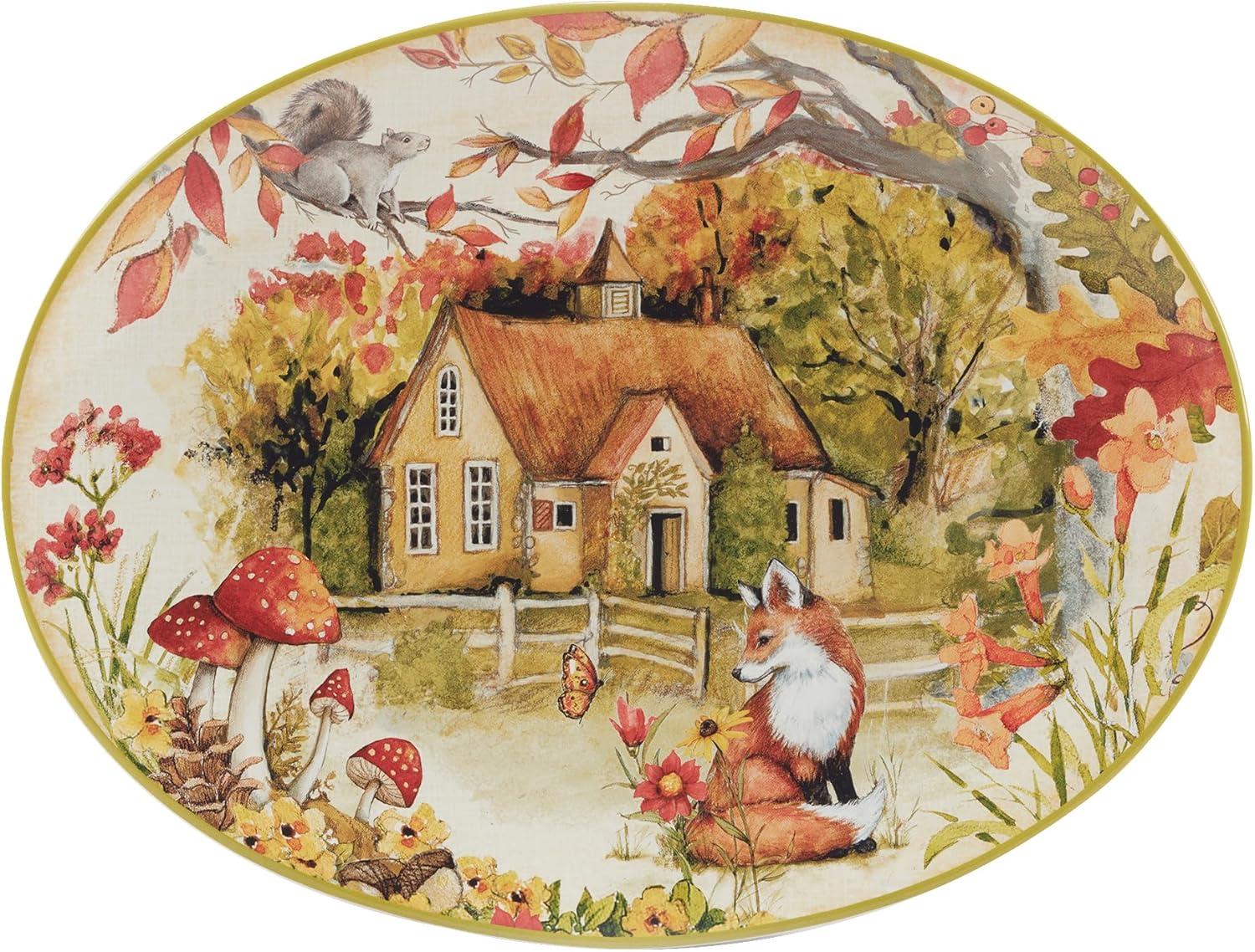 Woodland Critters Ceramic Oval Serving Platter with Cottage Scene