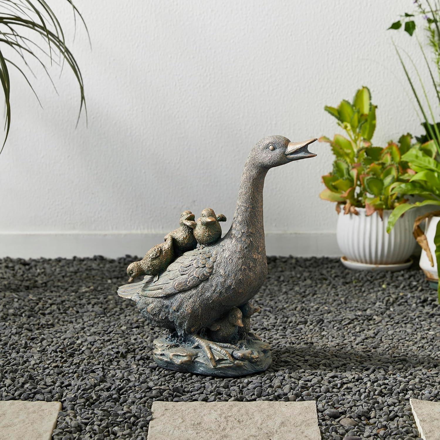 15" Aged Bronze Duck Family Garden Statue