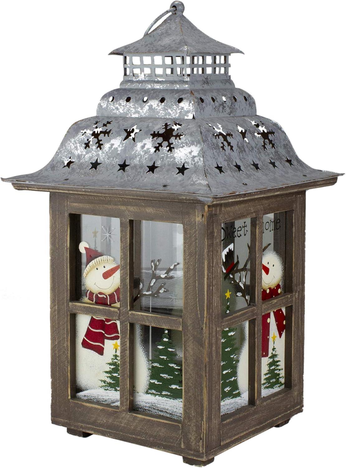 16.5" Rustic Wooden Snowman Holiday Scene Christmas Pillar Candle Lantern