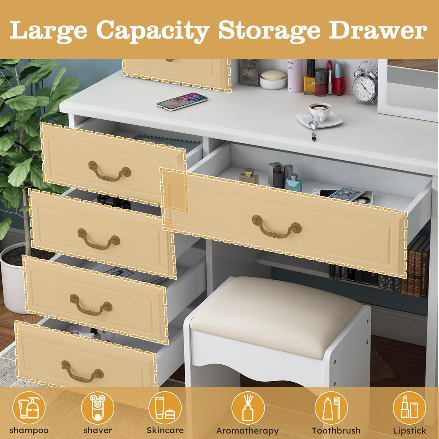 MONTARY Makeup Vanity Desk with Mirror and Lights, Dressing Table , White Vanity Table Set with 6 Drawers & Shelves & 4 Cabinets, 3 LED Lighting Modes Brightness Adjustable