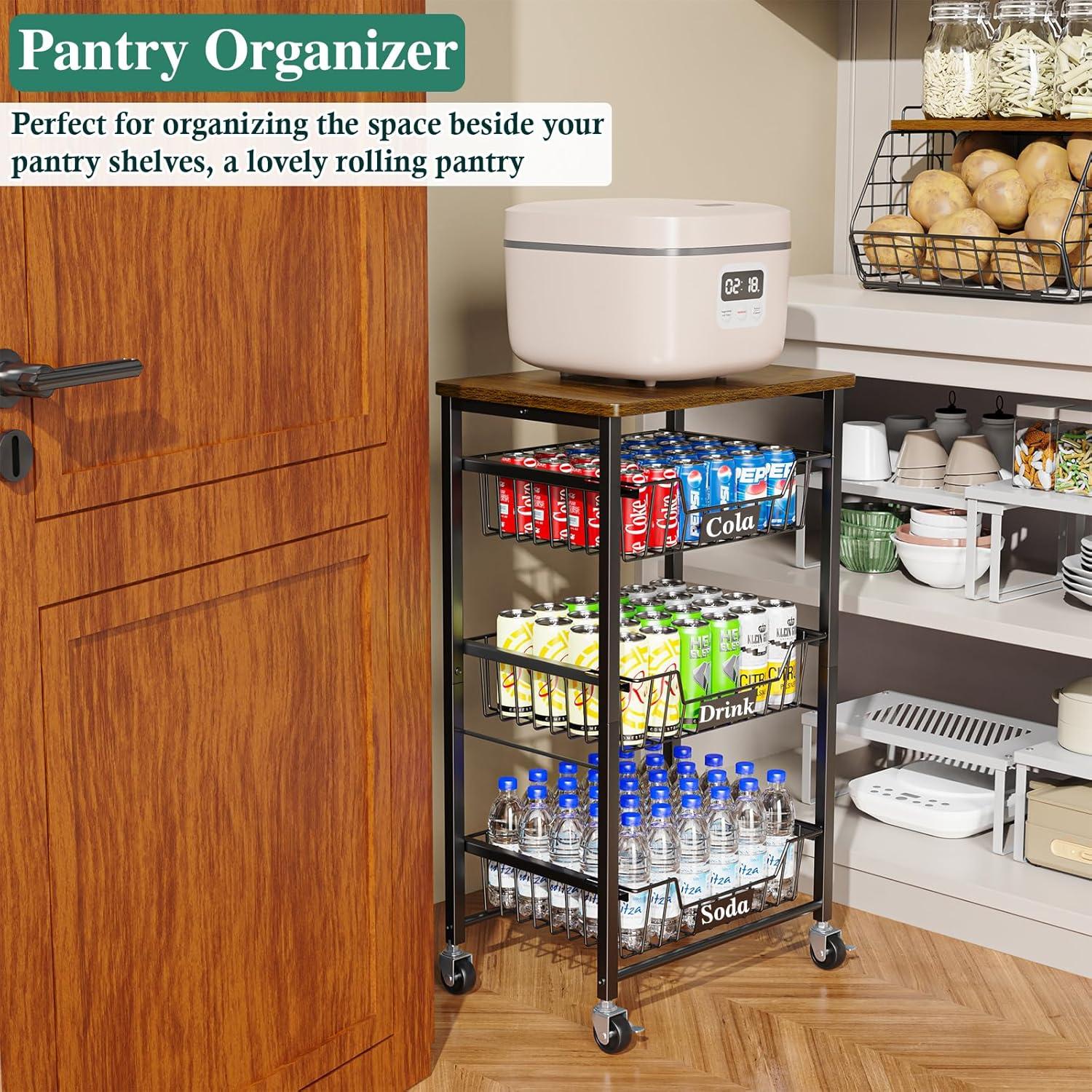 Small Kitchen Storage Cart On Wheels, Metal Fruit Basket Stand With Pull-Out Baskets & Wood Top For Potato Onion Produce Snack Veggies,(4-Tier /Black+ Rustic Board)