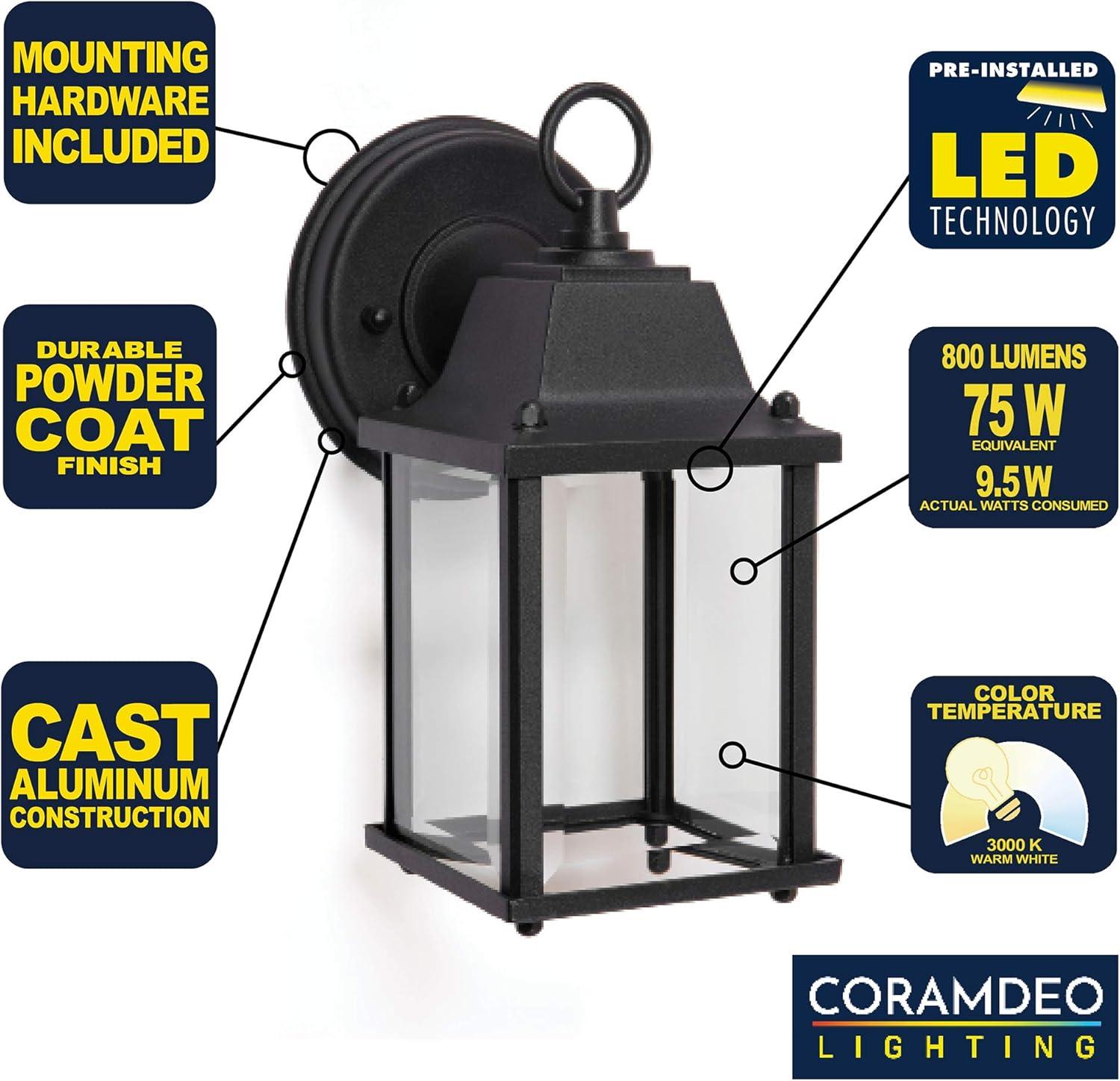 CORAMDEO Outdoor 2 PACK LED Wall Sconce Light for Porch, Patio, Barn & More, Wet Location, Built in LED gives 75W of light from 9.5W of power, Cast Aluminum w/Black Finish & Beveled G (CD-W004-830LED)