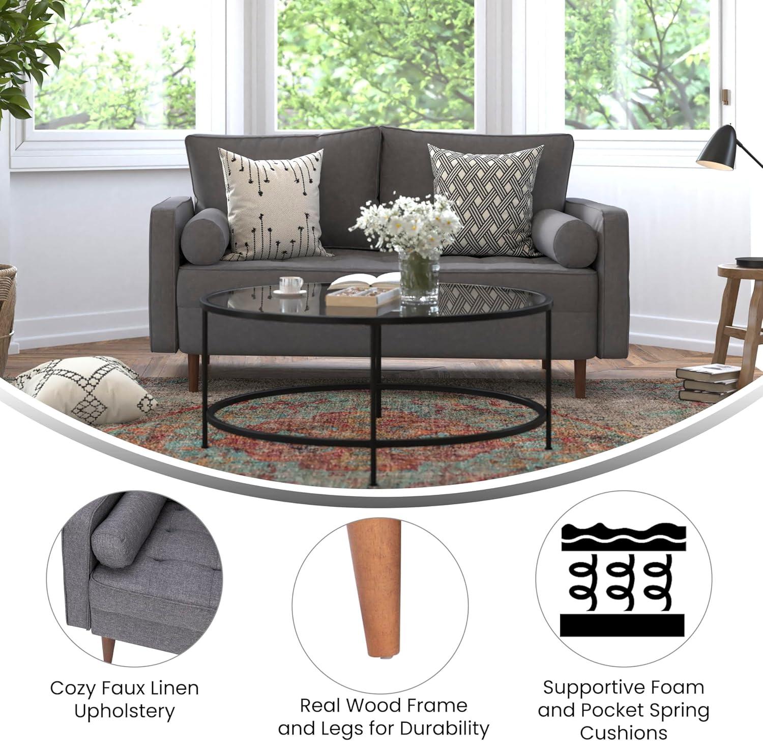 Flash Furniture Hudson Mid-Century Modern Loveseat Sofa with Tufted Faux Linen Upholstery & Solid Wood Legs in Dark Gray