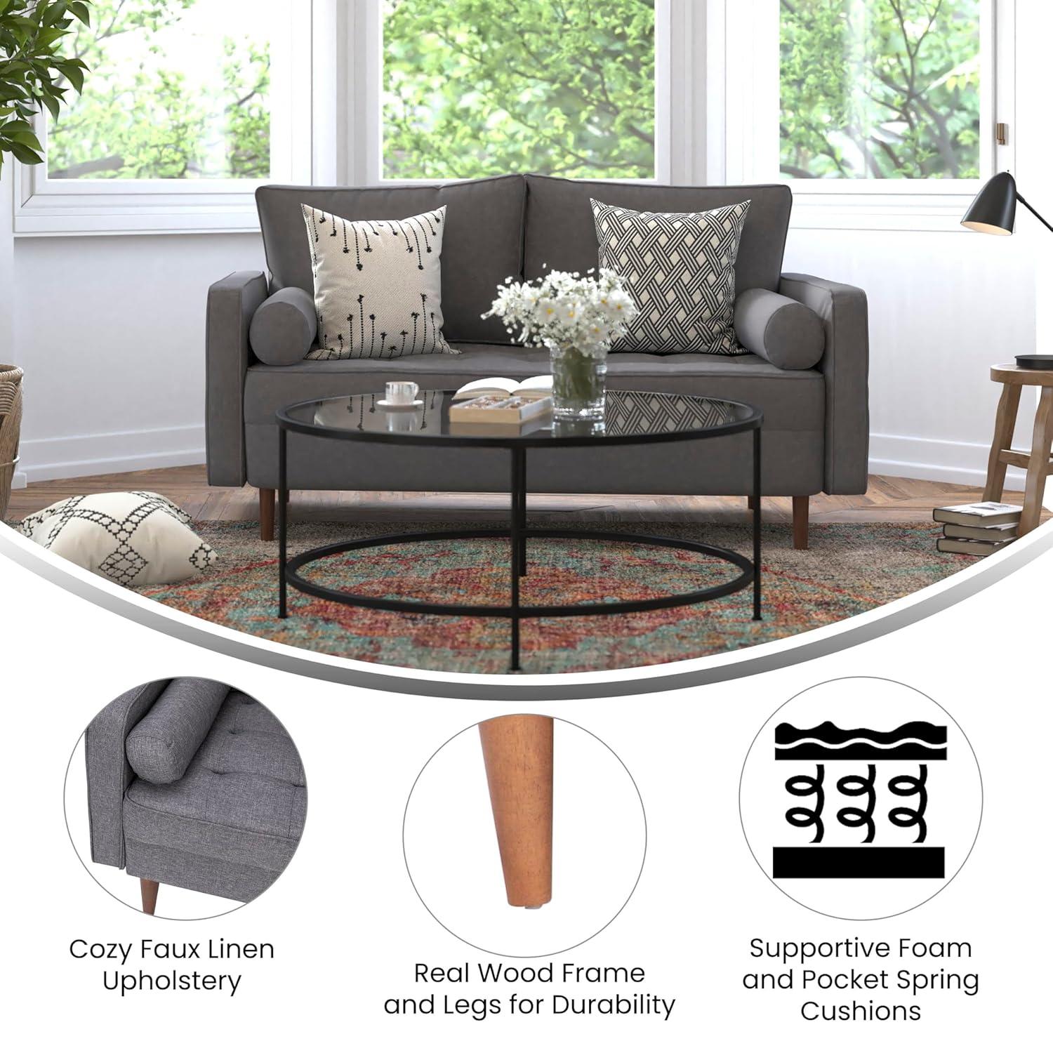 Flash Furniture Hudson Mid-Century Modern Loveseat Sofa with Tufted Faux Linen Upholstery & Solid Wood Legs in Dark Gray