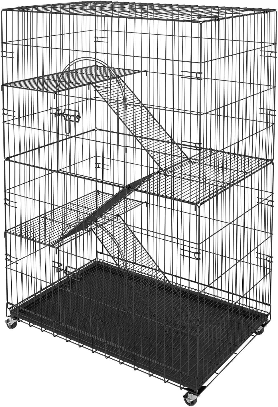 Large Black and Gray Rolling Metal Cat Cage with Hammock