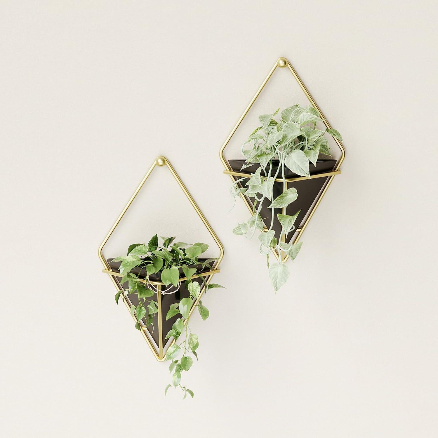 Small Black and Brass Geometric Hanging Planter Set