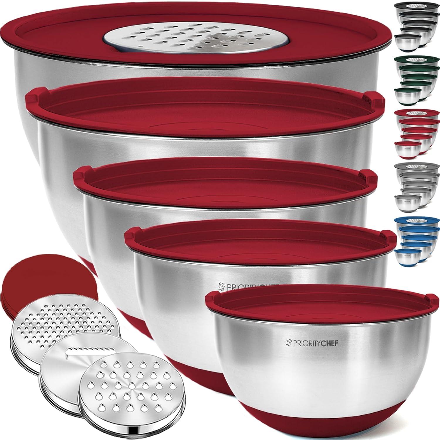 Mixing Bowls with Lids Set - Nesting Bowls with Airtight Lids + Graters - Stainless Steel Non-Slip Mixing Bowl for Baking, (Red, 5-Piece Set)