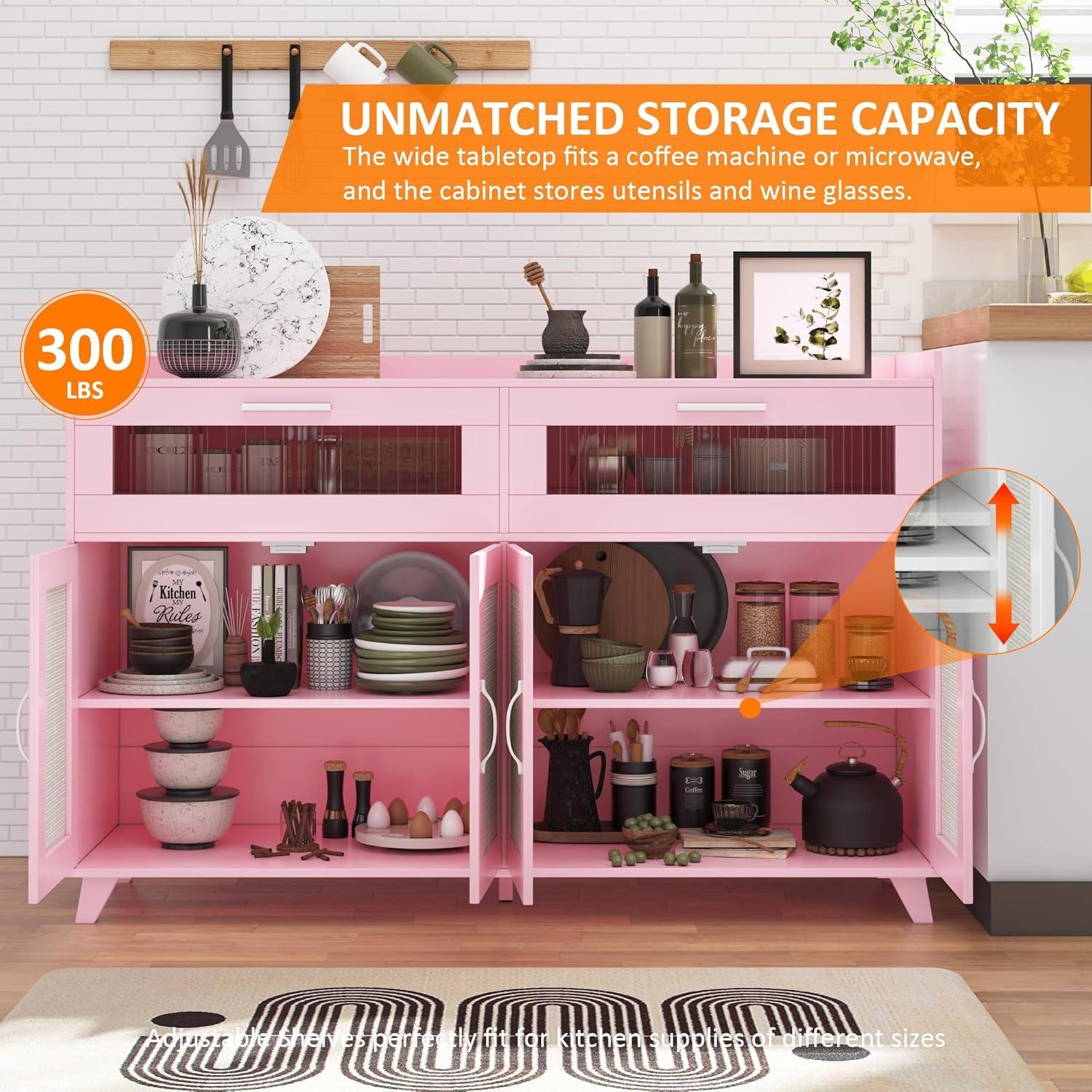 Garvee Sideboard Buffet Cabinet with Power Outlet & LED Light - Kitchen Storage Cabinet with 2 Fluted Acrylic Drawers & 4 Rattan Doors, Pink