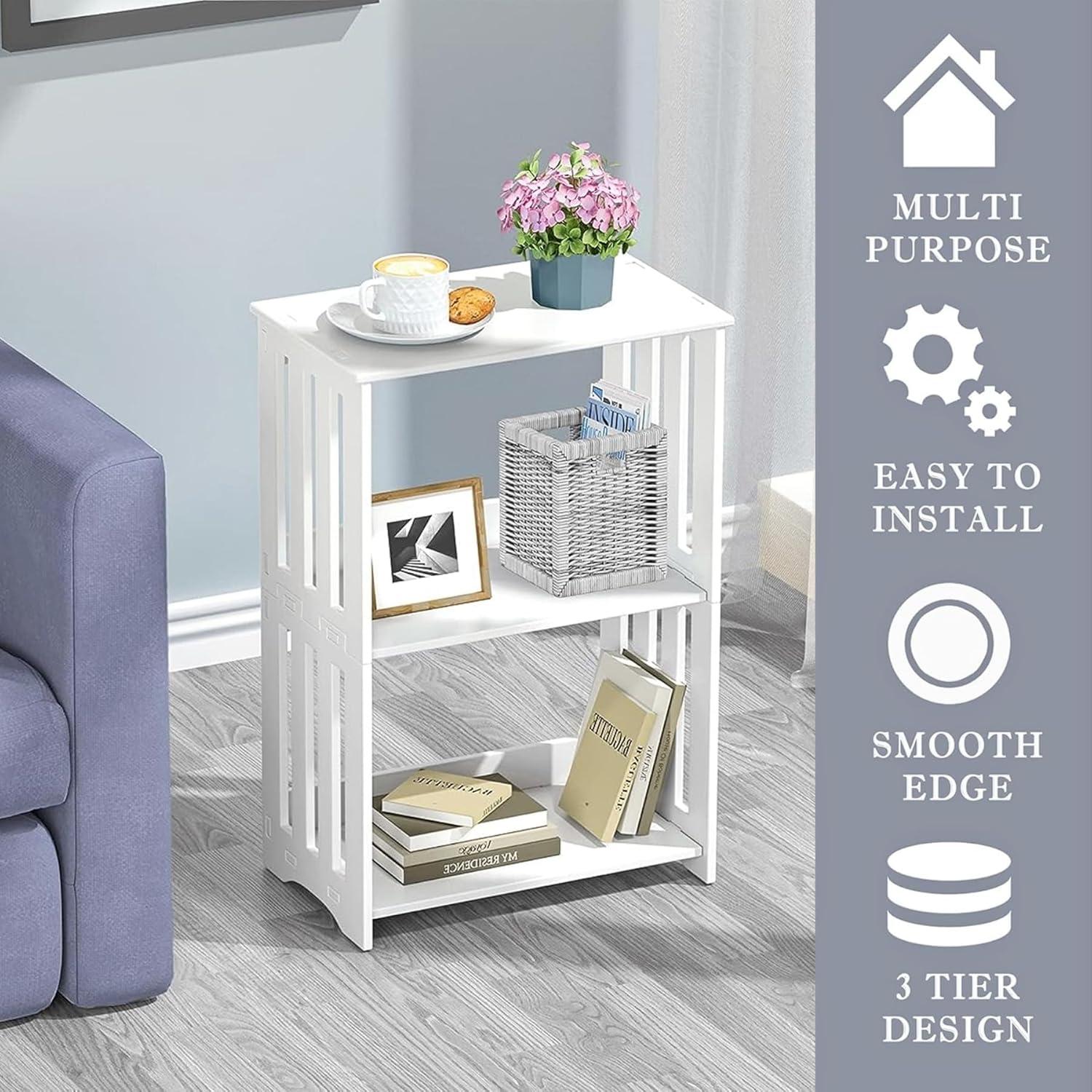 White PVC 3-Tier Minimalist End Table with Storage Shelves