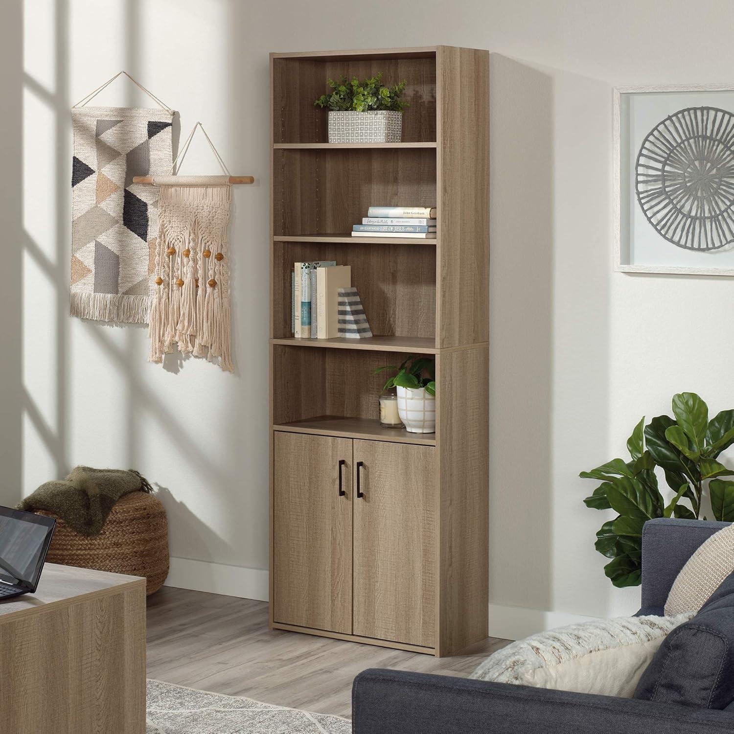 Adjustable Summer Oak 4-Shelf Bookcase with Hidden Storage