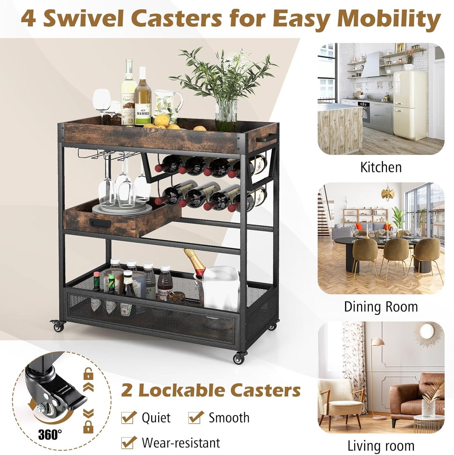 Giantex -Tier Rolling Bar Cart, Industrial Buffet Serving Trolley Cart w/Wine Rack, Stemware Rack & Removable Tray, Mobile Liquor Beverage Cart