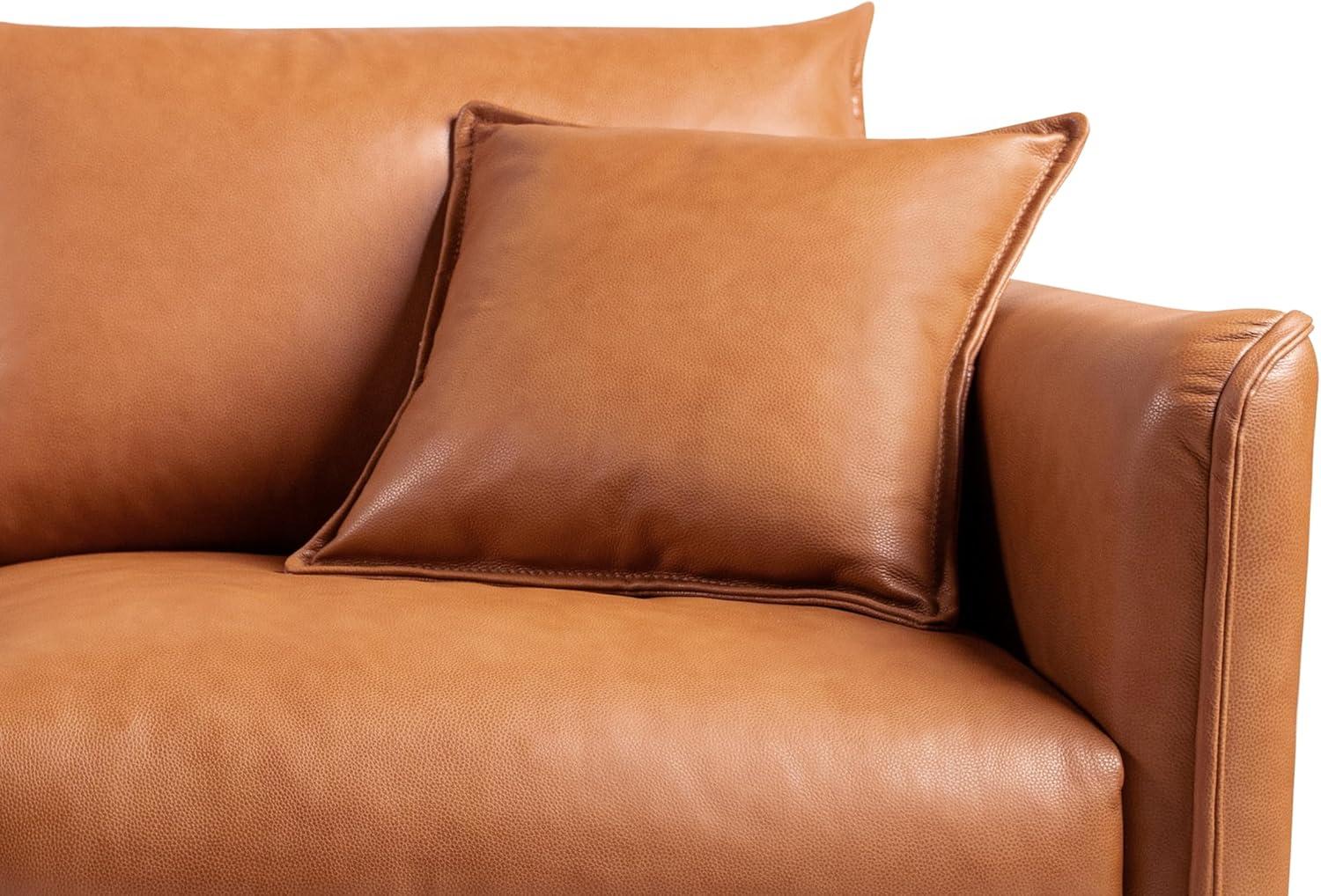 Cognac Brown Leather Loveseat with Removable Cushions and Wood Frame