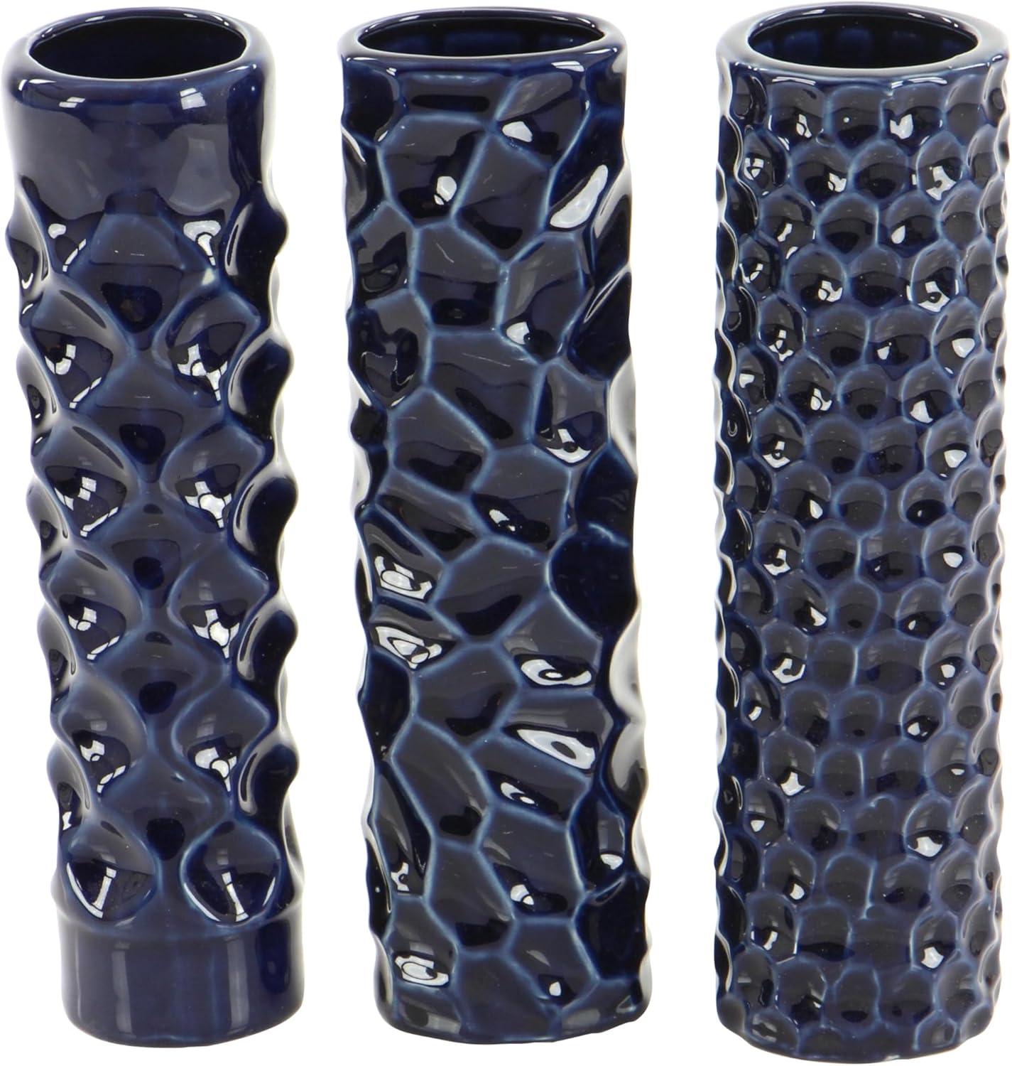 DecMode 3"W, 12"H Dark Blue Ceramic Vase with Varying Patterns, Set of 3