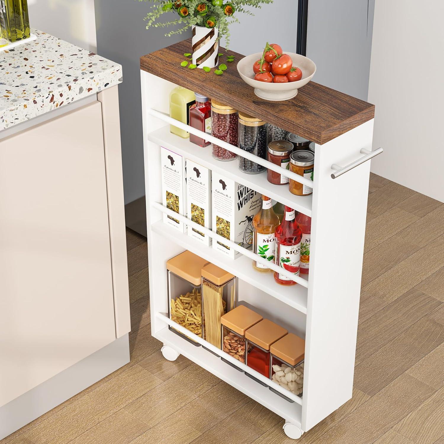 White and Brown Slim Rolling Kitchen Cart with Storage