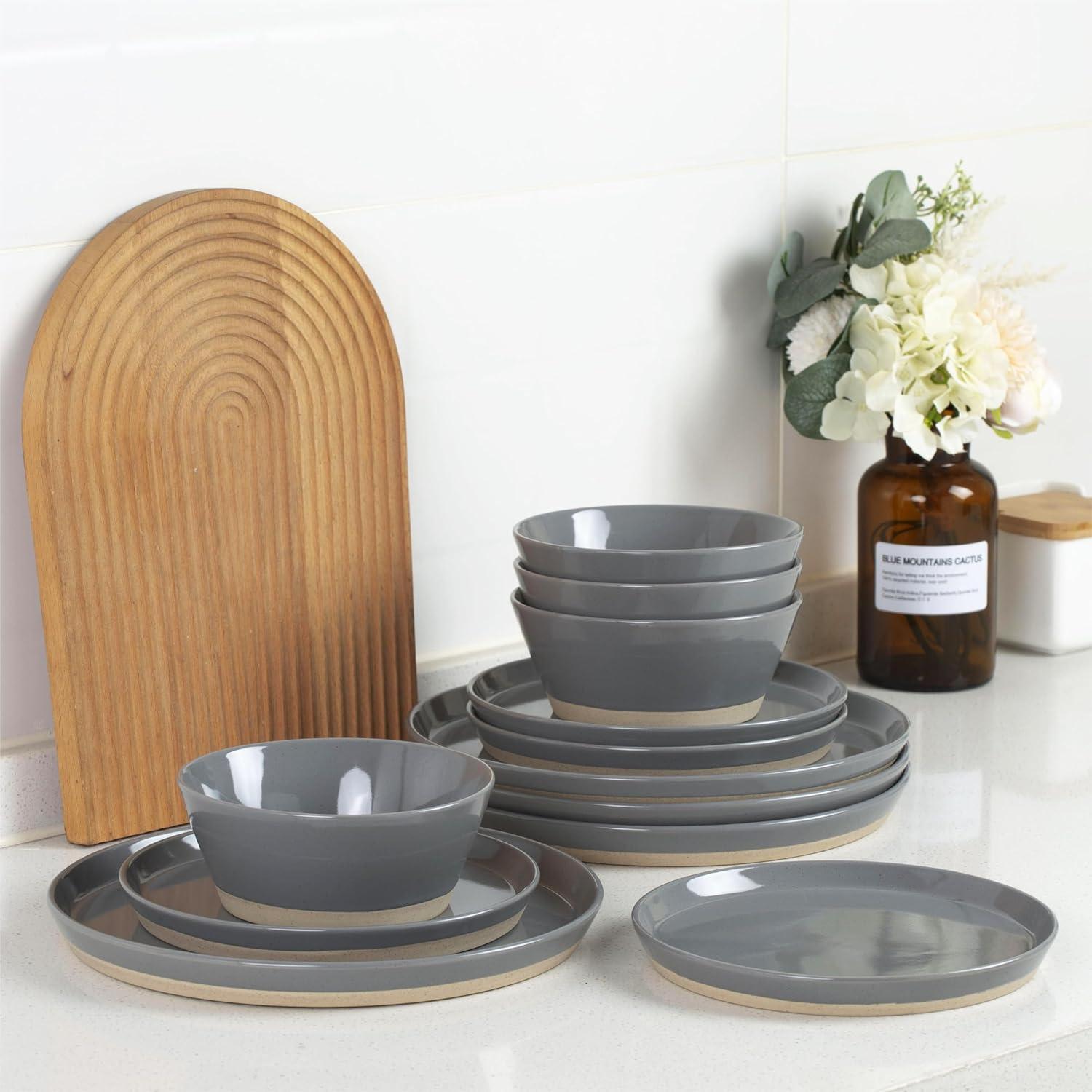 Famiware Plates and Bowls Set, 12 Piece Stoneware Dinnerware Sets, Dark Gray