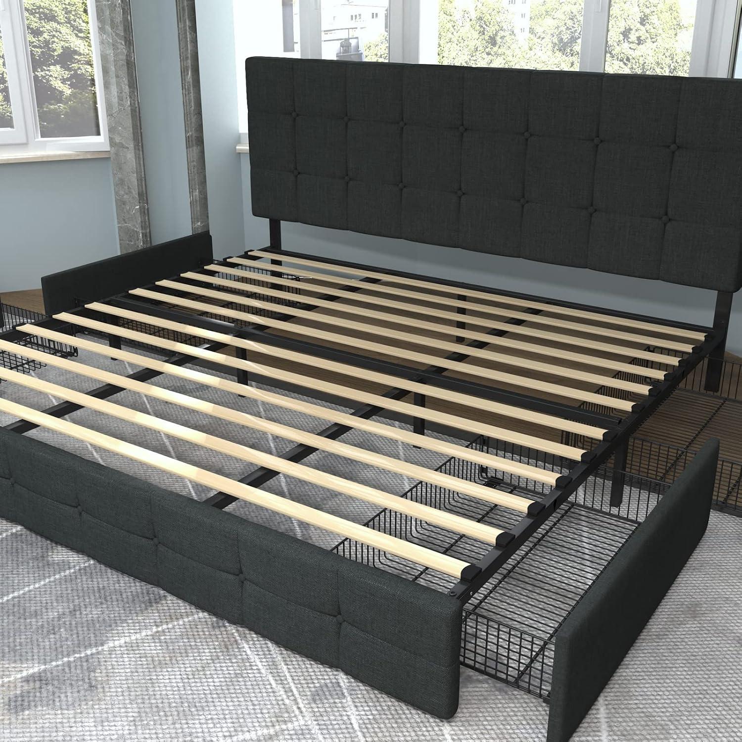 Allewie Upholstered King Size Platform Bed Frame with 4 Storage Drawers and Headboard, Square Stitched Button Tufted, Mattress Foundation with Wooden Slats Support, No Box Spring Needed, Dark Grey