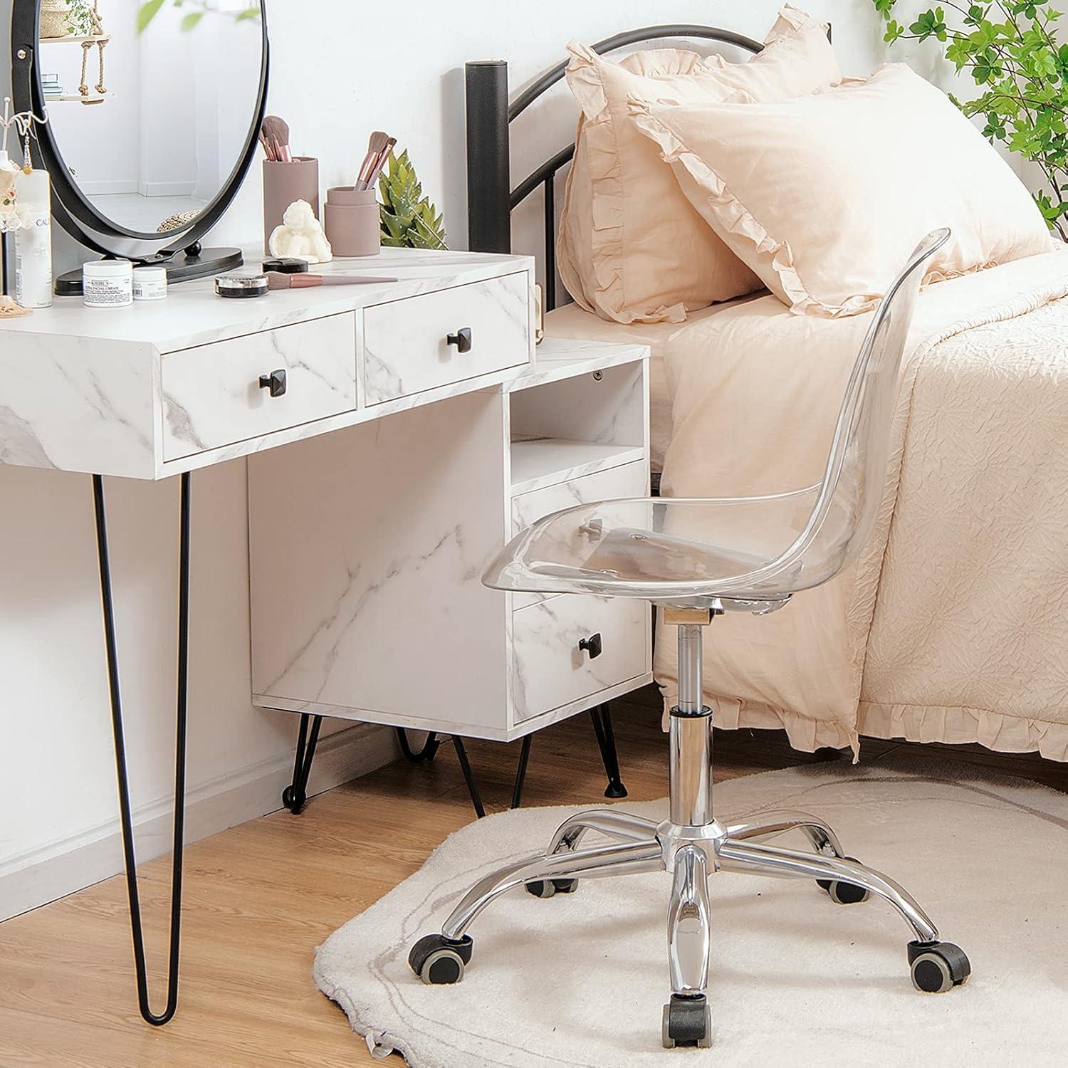 Giantex Acrylic Desk Chair, Clear Armless Office Rolling Chair, Height Adjustable Leisure Ghost Chair w/Chromed Base, Modern Cute Vanity Chair, Swivel Computer Chair for Home Office
