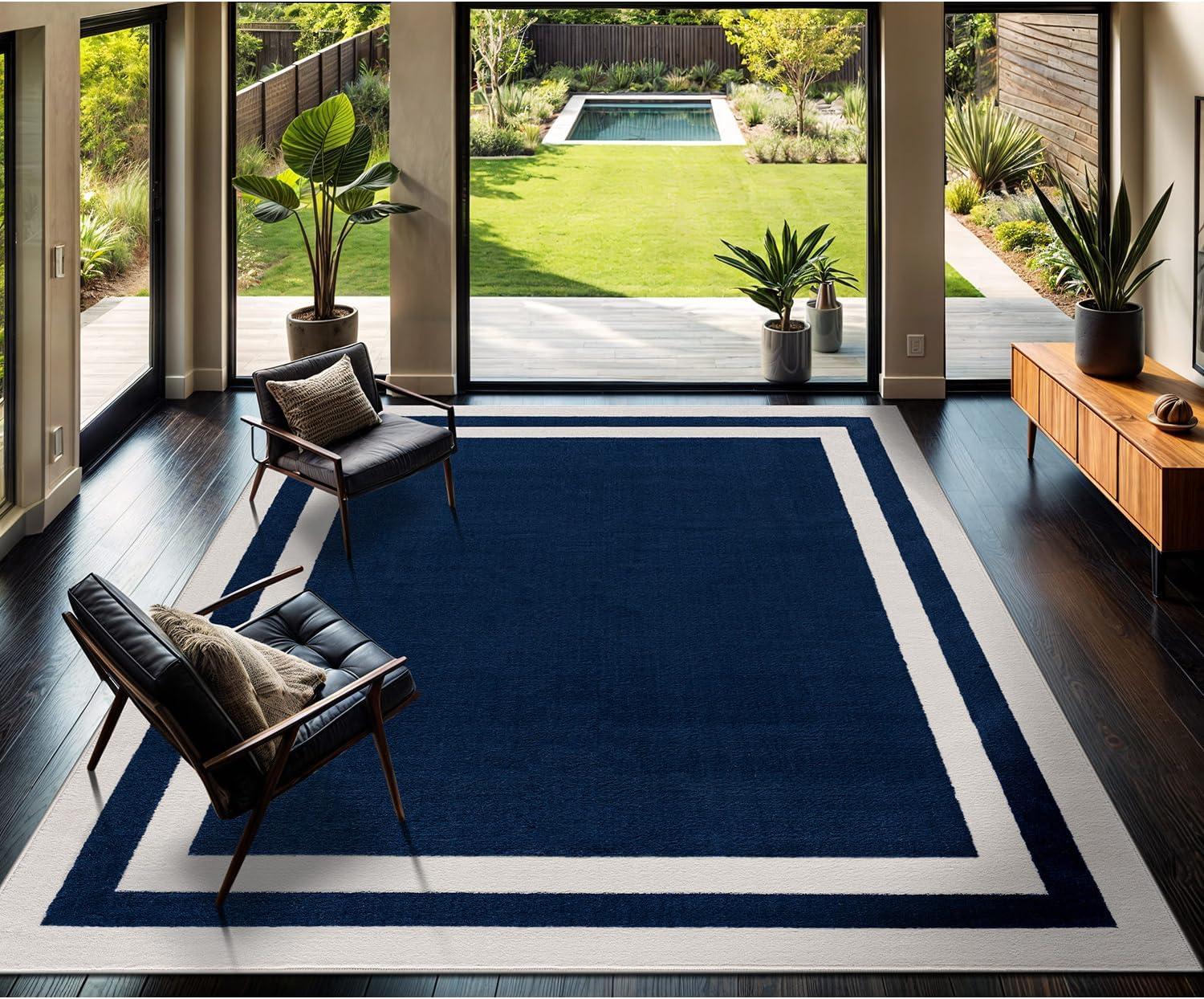 Navy Blue and Cream Rectangular Synthetic Area Rug, 6' x 9'