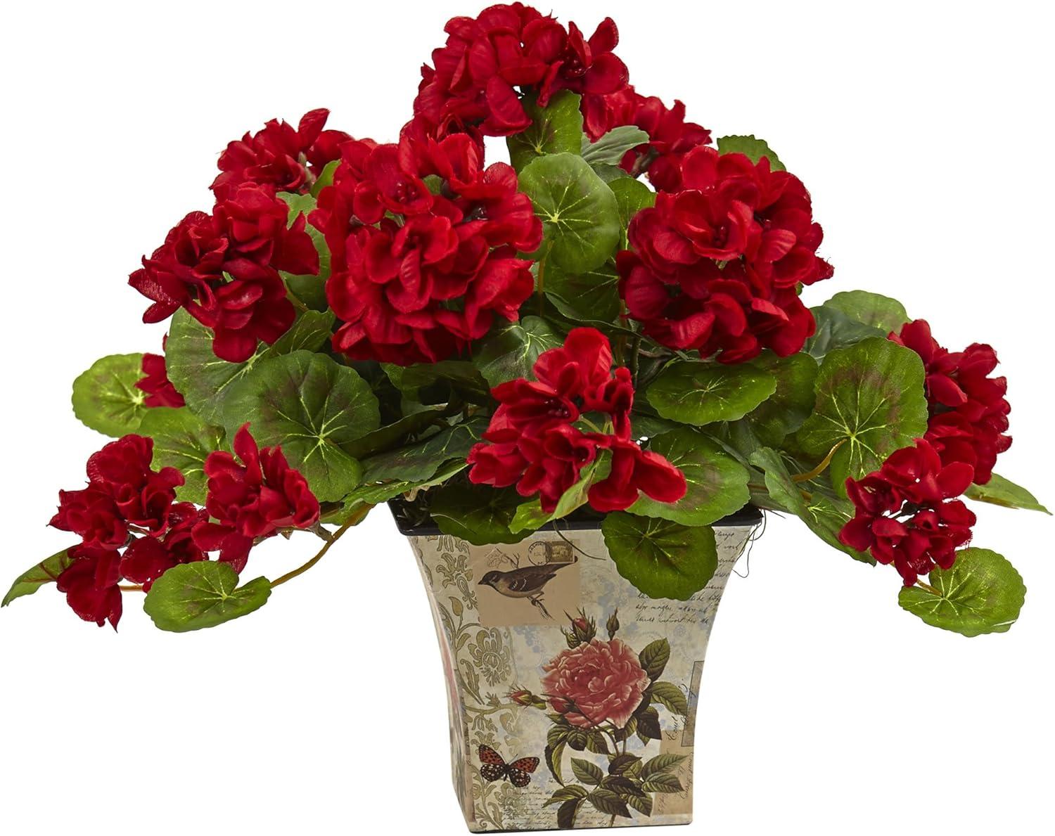 Vibrant Silk Geranium Arrangement in Decorative Planter - Set of 2