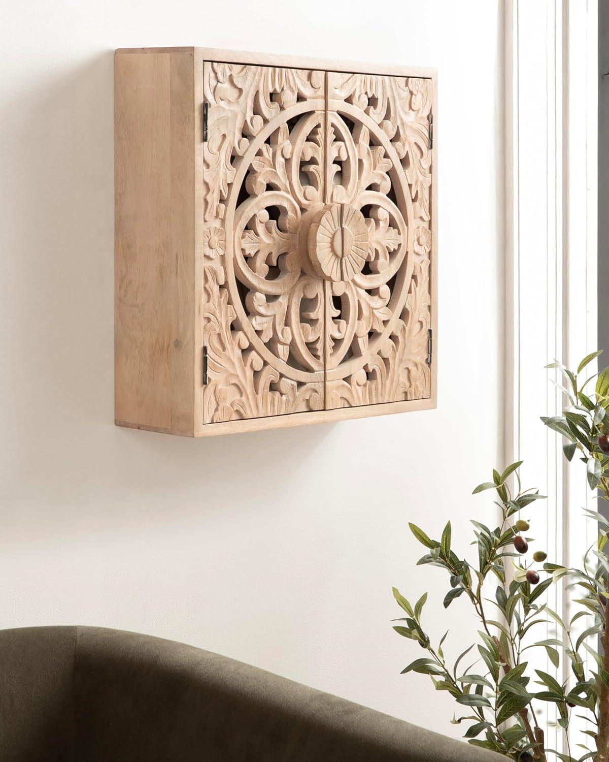 Kate and Laurel Saanvi Traditional Carved Wood Wall Cabinet, 20 x 6 x 20, Light Natural, Dimensional Over the Toilet Storage Cabinet for Bathroom Storage and Display