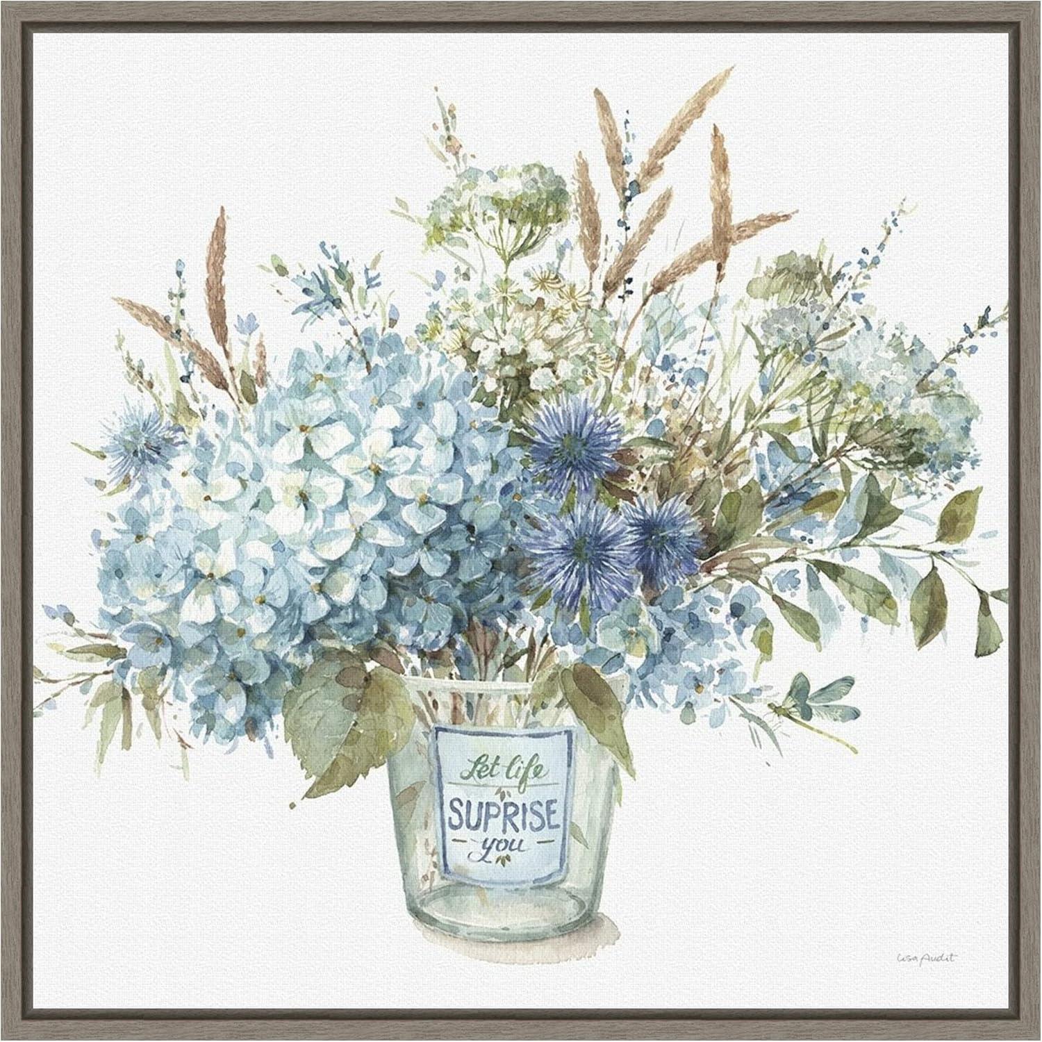 Lisa Audit Blue Floral Bouquet Framed Canvas Wall Art 16 x 16