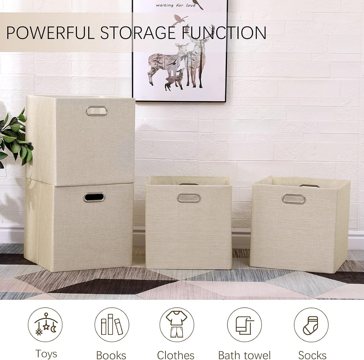 Cube Storage Bins 13×13 Fabric Foldable Box with Handles, Collapsible Organization Basket Set of 4 Large Capacity Drawer for Closet Shelf Cabinet Bookcase Bedroom, Grey-white Stripes