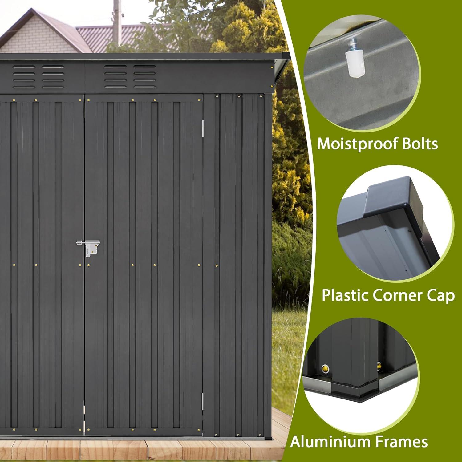 LZBEITEM 10 x 10 ft Outdoor Storage Shed with Floor Frame Kit, Galvanized Steel Garden Sheds, Garden Tool Shed with Double Lockable Doors for Backyard Patio Lawn, Grey