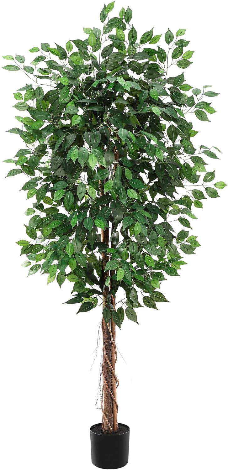 Danolapsi Artificial Ficus Tree,Tall Fake Ficus Silk Tree with Natural Wood Trunk in Plastic Nursery Pot for Indoor Outdoor House Living Room Office Garden Decor(4FT/5FT/6FT)