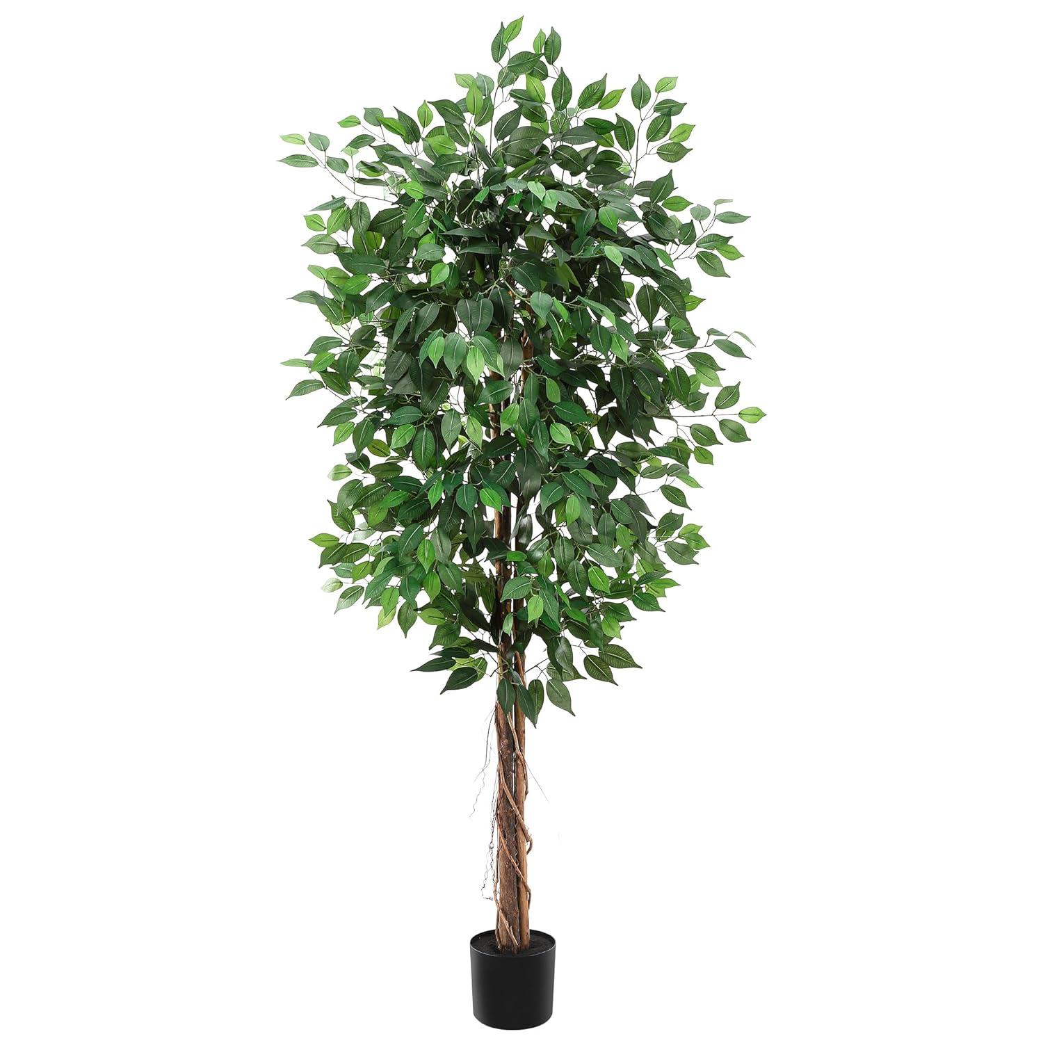 Danolapsi Artificial Ficus Tree,Tall Fake Ficus Silk Tree with Natural Wood Trunk in Plastic Nursery Pot for Indoor Outdoor House Living Room Office Garden Decor(4FT/5FT/6FT)