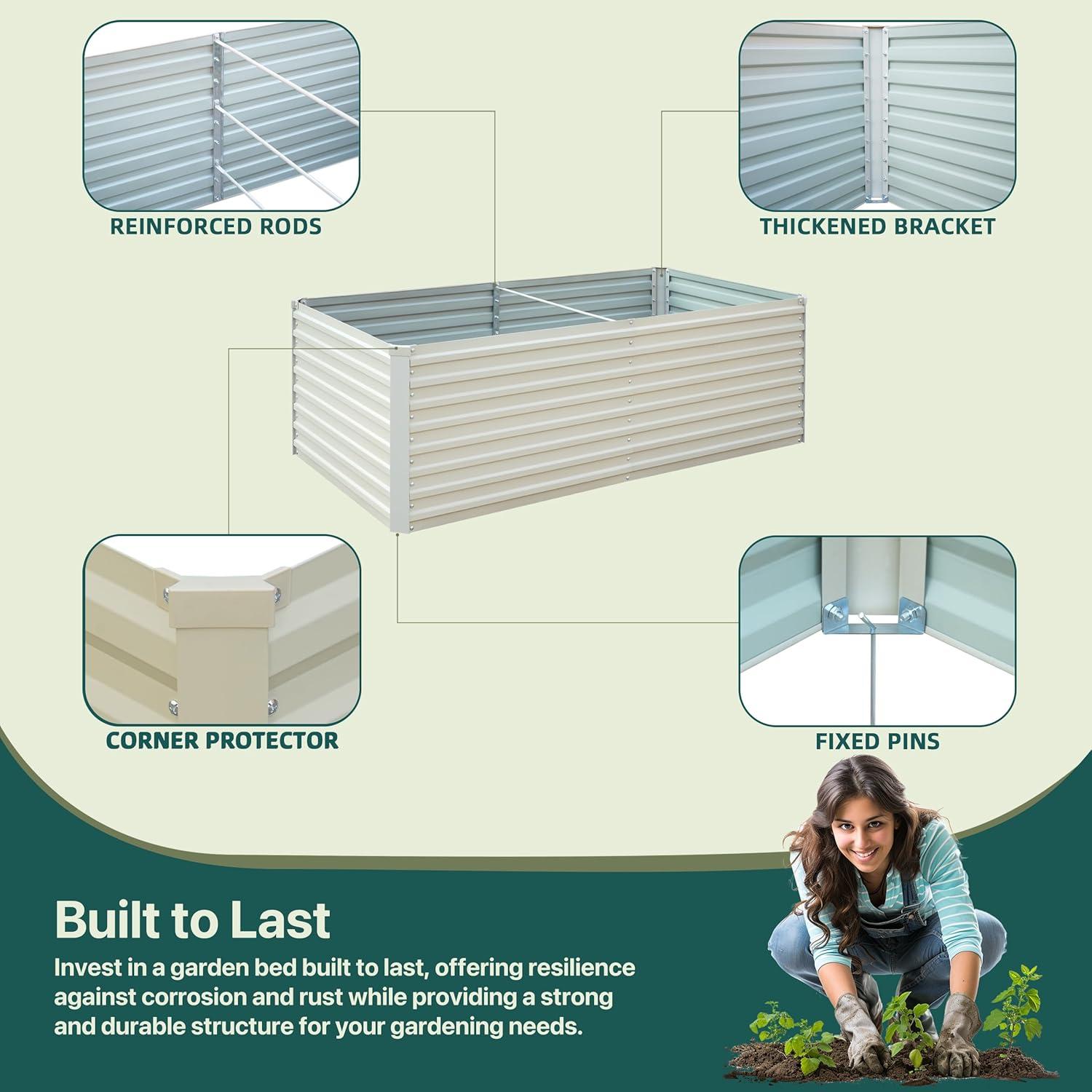 Raised Garden Bed 6x3x2ft, Galvanized Raised Garden Beds Outdoor for Vegetables Flowers Herbs, Steel Large Deep Planter Box, Tall Raised Garden Bed with 3ftx30ft Weed Barrier Fabric and Glove, Beige