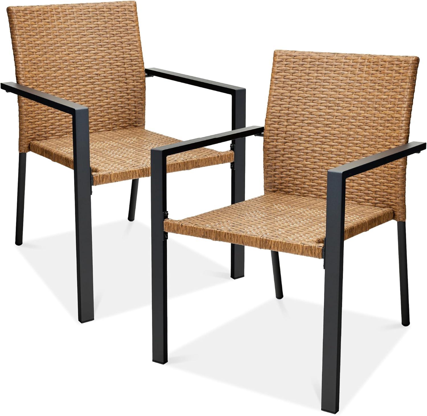 Best Choice Products Set of 2 Wicker Chairs, Stackable Outdoor Dining Furniture w/ Armrests - Natural