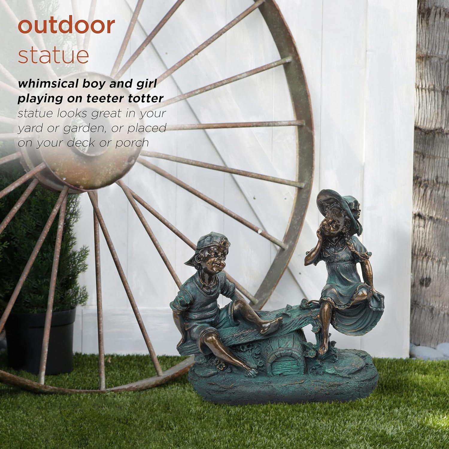 14" Indoor/Outdoor Girl and Boy Playing on Teeter Totter Statue Yard Décor Bronze - Alpine Corporation