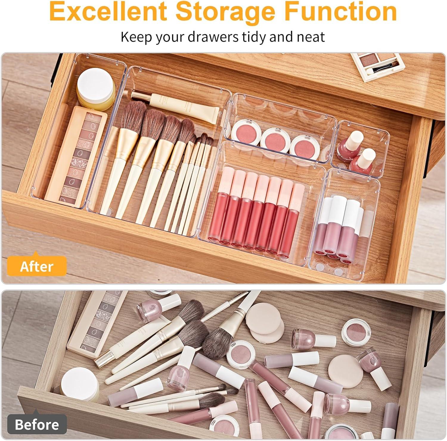 SMARTAKE 13-Piece Drawer Organizers with Non-Slip Silicone Pads, 5-Size Desk Drawer Organizer Trays Storage Tray for Makeup, Jewelries, Utensils in Bedroom Dresser, Office and Kitchen, Clear