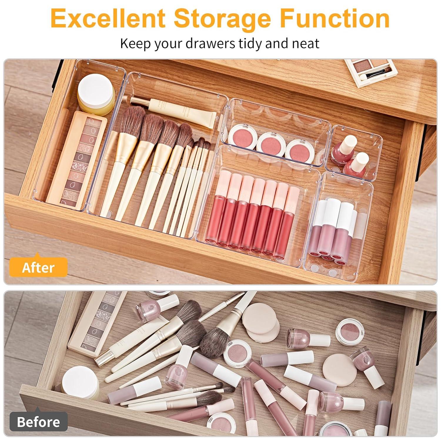SMARTAKE 13-Piece Drawer Organizers with Non-Slip Silicone Pads, 5-Size Desk Drawer Organizer Trays Storage Tray for Makeup, Jewelries, Utensils in Bedroom Dresser, Office and Kitchen, Clear